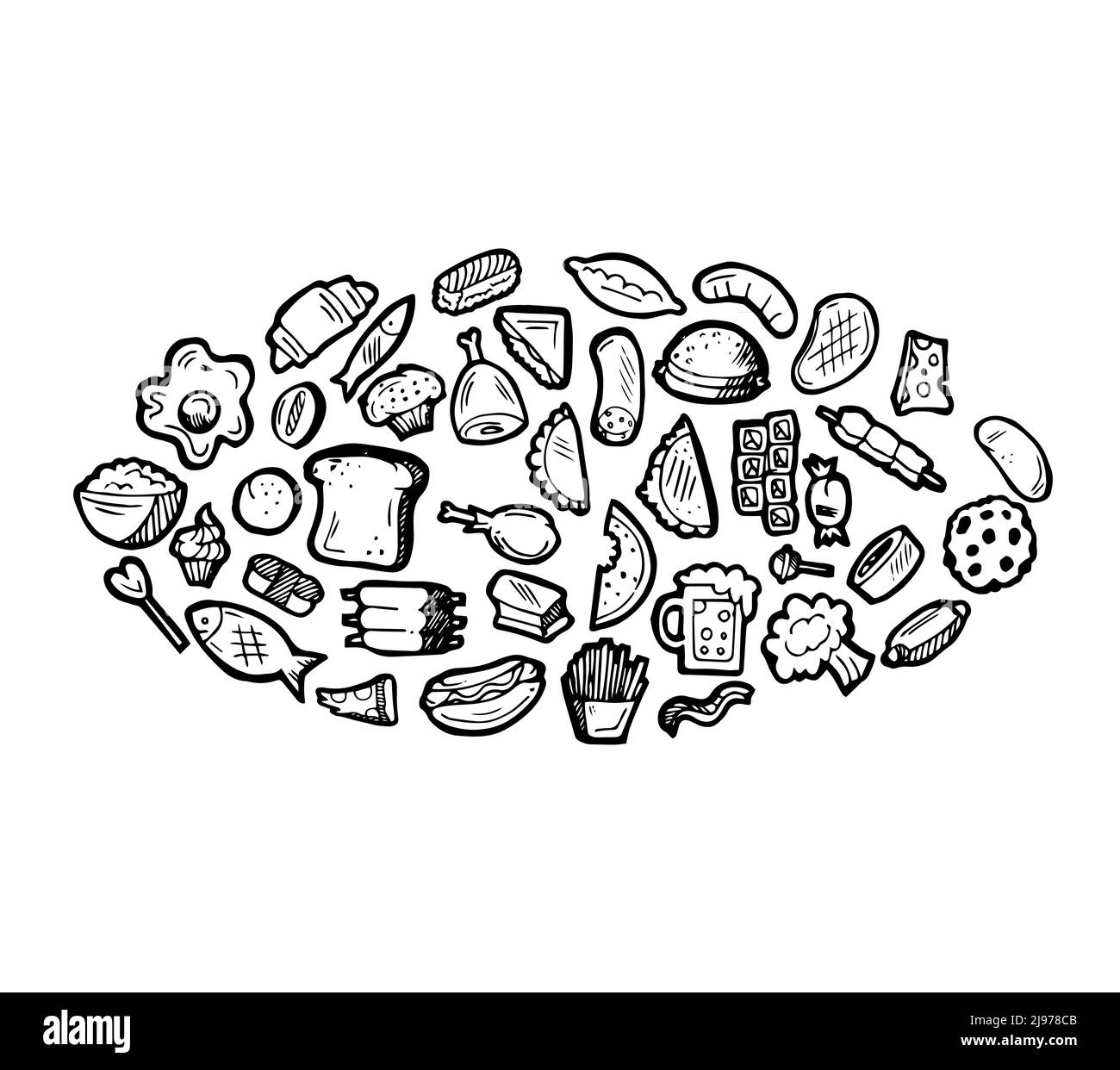 Ensemble d'aliments sous forme d'ellipse. Petits pains et plats à base de viande. Contour du dessin à la main. Isolé sur fond blanc. Mise en plan monochrome. Vecteur Illustration de Vecteur