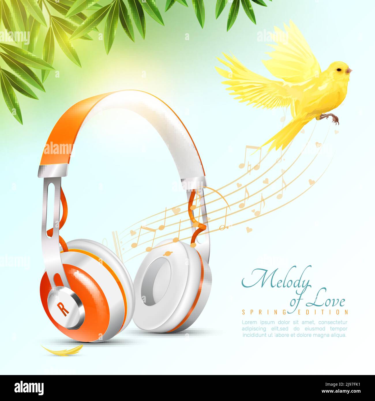 Affiche casque orange blanc réaliste avec canari volant, notes de musique, feuilles vertes sur fond lumineux illustration vectorielle Illustration de Vecteur