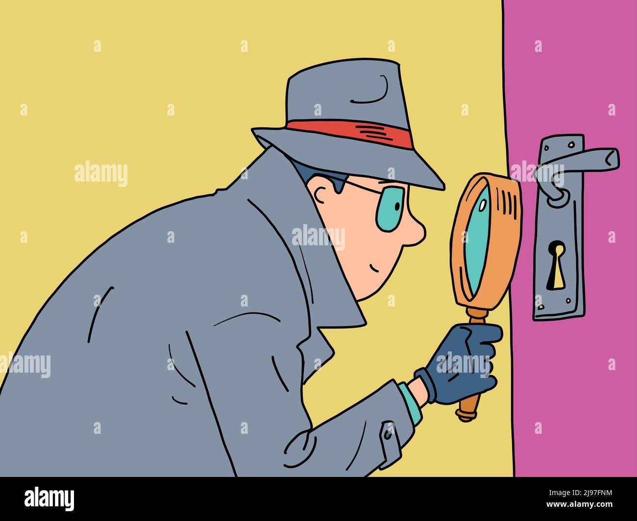 Détectives un détective privé, un homme dans un manteau, un chapeau et des lunettes Illustration de Vecteur