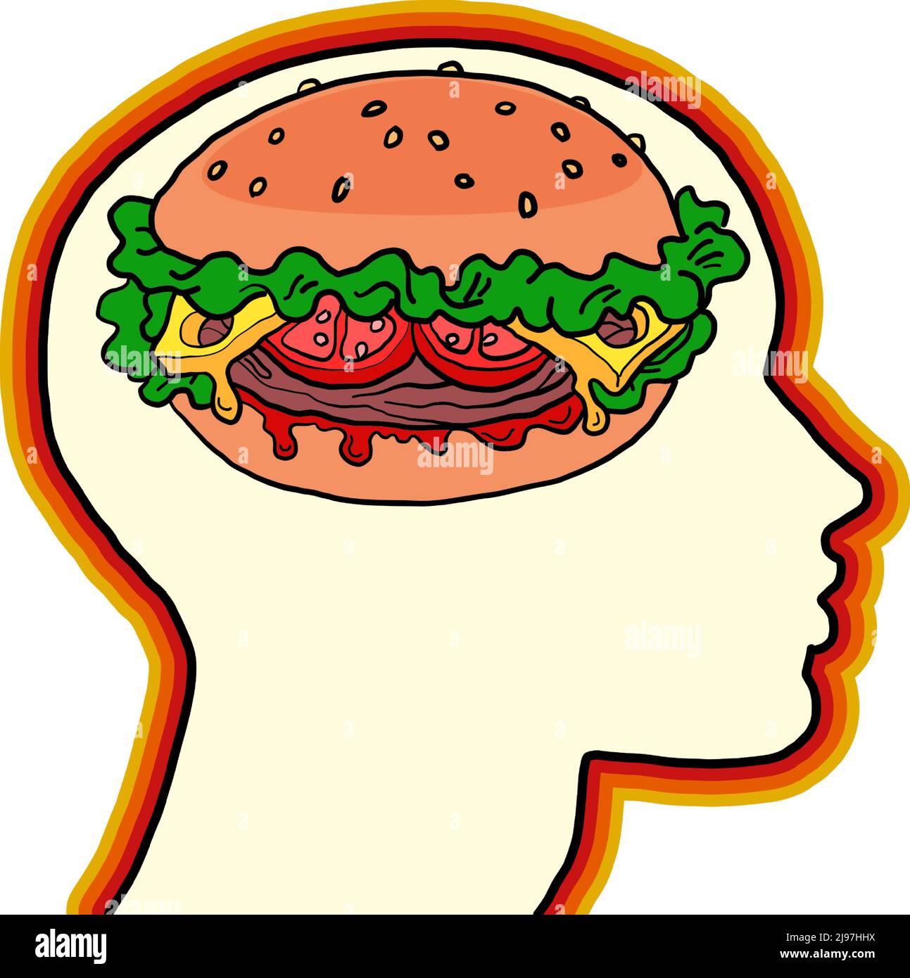 burger Street Food faim pensées dans la silhouette de la tête, rêves. Illustration de Vecteur