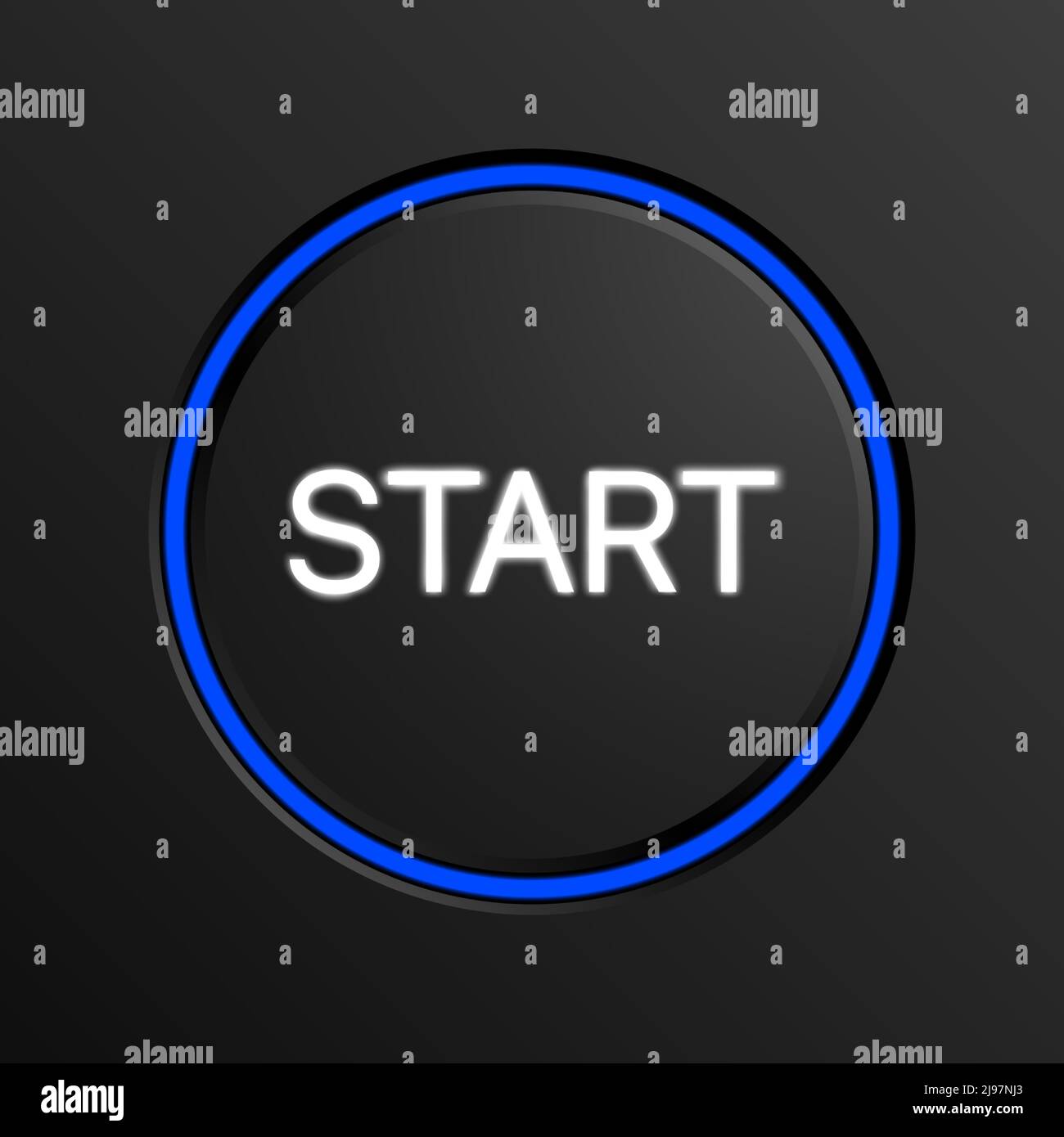 Bouton Démarrer avec un cercle bleu isolé sur fond noir. Motif vectoriel élégant avec bouton de démarrage. Illustration de Vecteur