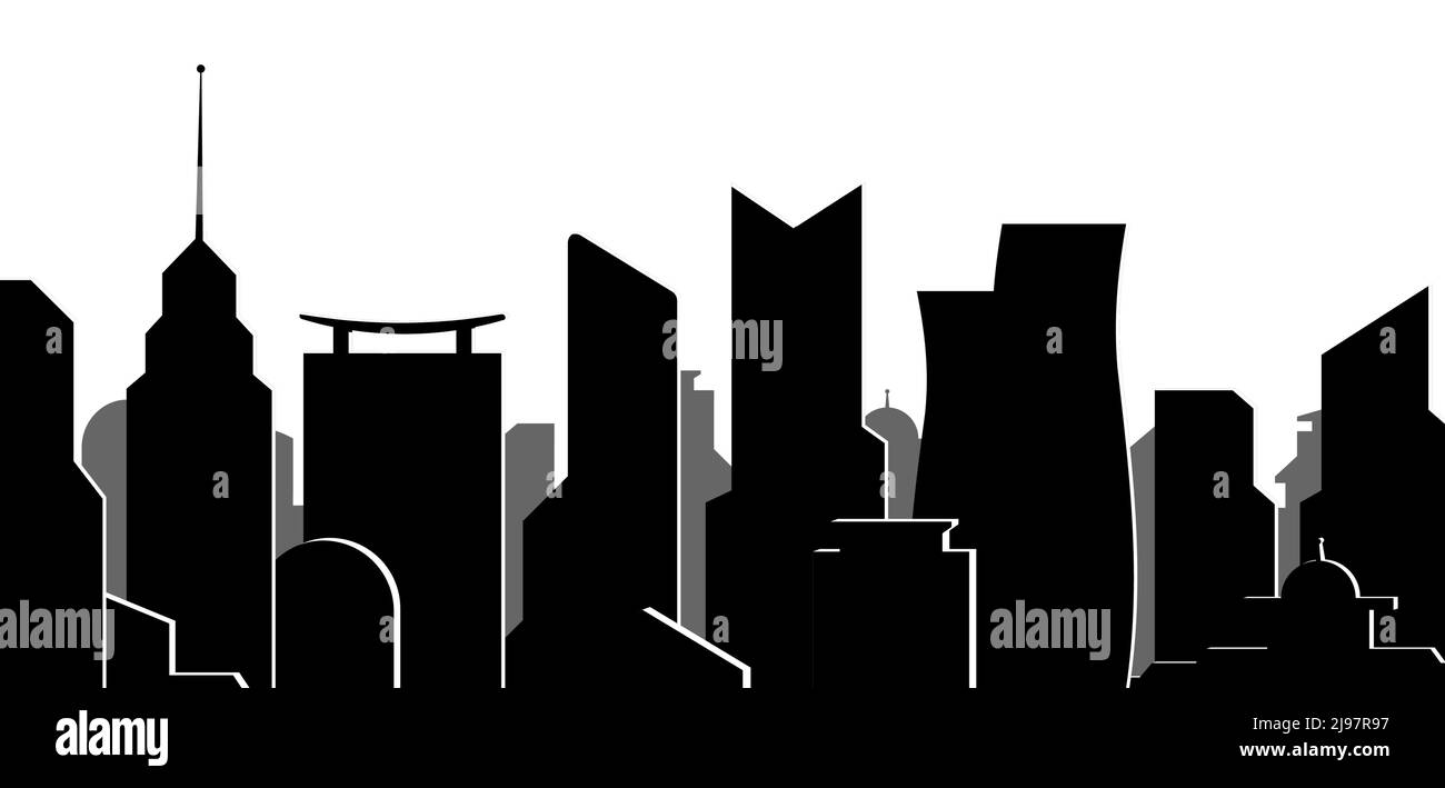 Paysage urbain moderne avec gratte-ciel noir silhouette isolée, architecture, construction, arrière-plan de vecteur d'affaires. Illustration de Vecteur