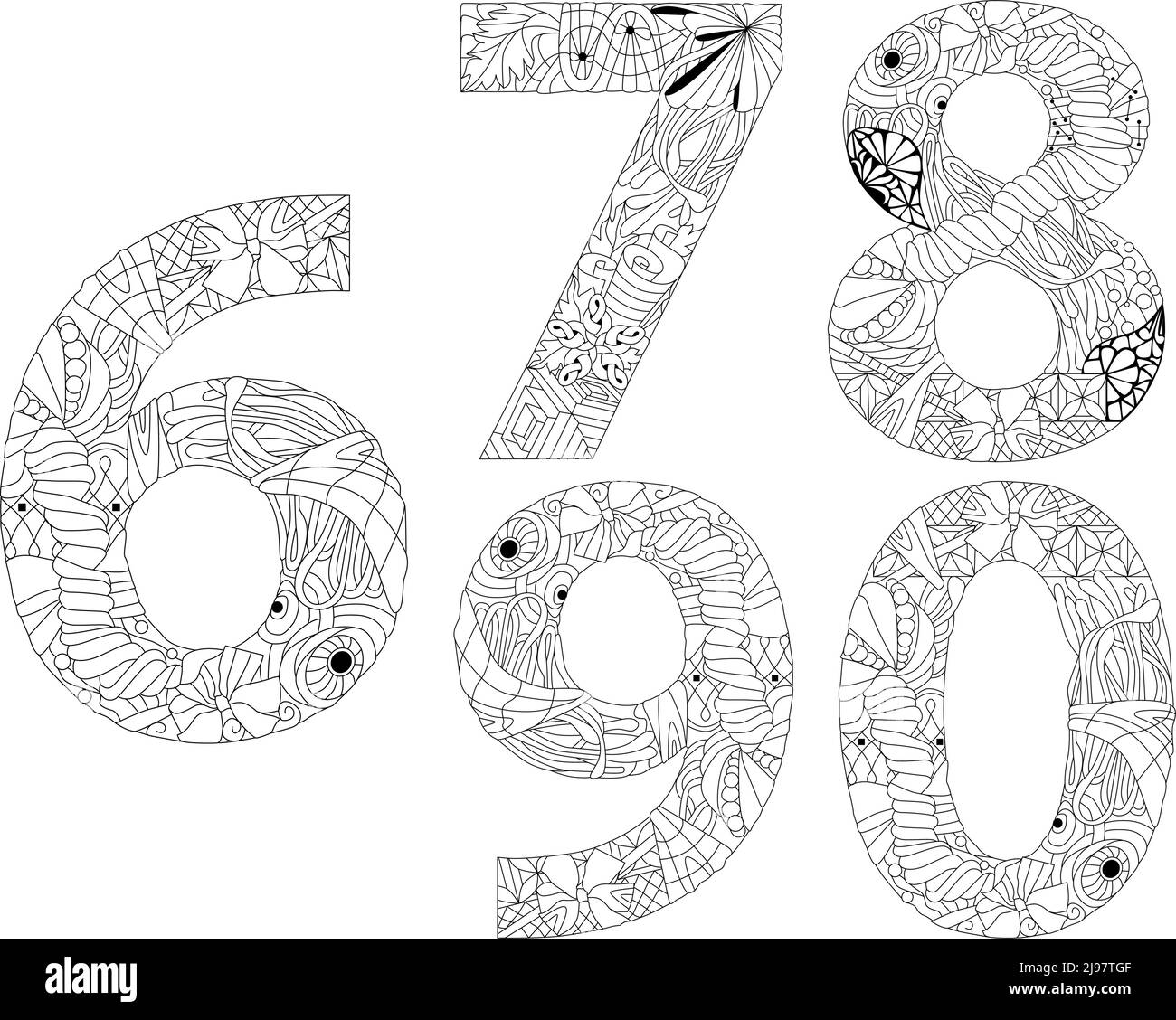Décoration artistique peinte à la main. Illustration dessinée à la main pour la décoration. Numéroter zéro, six, sept, huit, neuf objets zentangle pour la coloration. Illustration de Vecteur