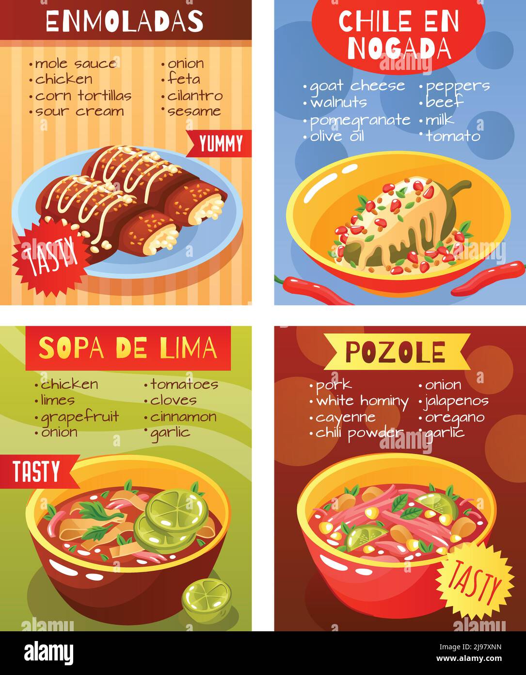 Cuisine mexicaine plats ingrédients concept 4 publicité réaliste de menu de restaurant affiches avec des soupes traditionnelles illustration vectorielle isolée Illustration de Vecteur