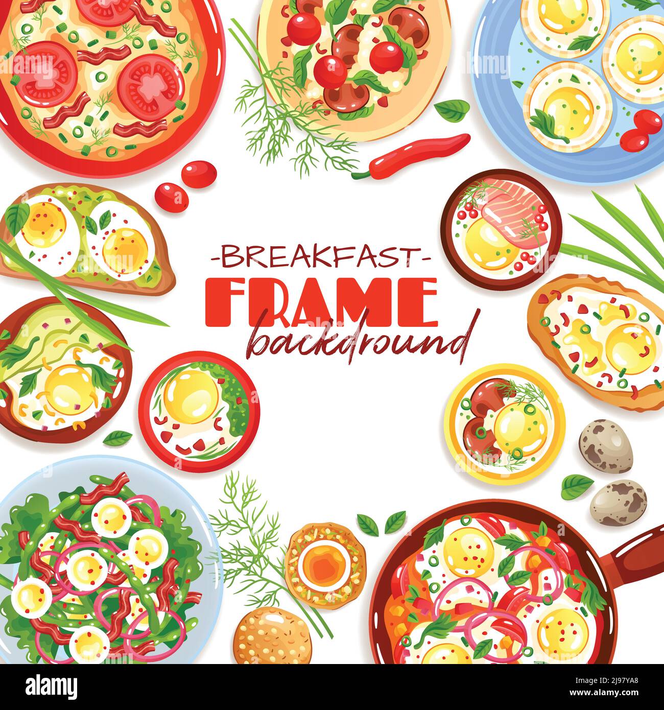 Cadre décoratif avec plats aux œufs colorés pour le petit déjeuner illustration vectorielle plate sur fond blanc Illustration de Vecteur