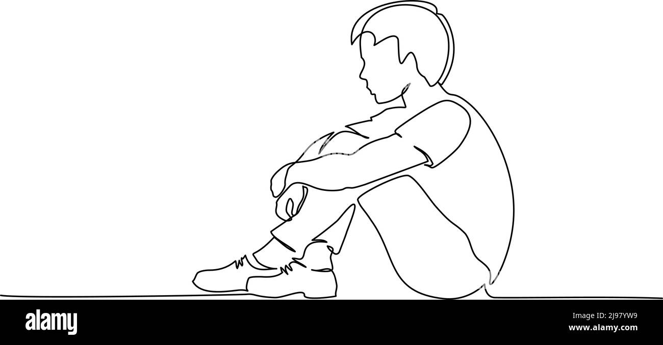 Jeune garçon triste adolescent assis seul. Mise en plan continue d'une ligne. Illustration vectorielle Illustration de Vecteur