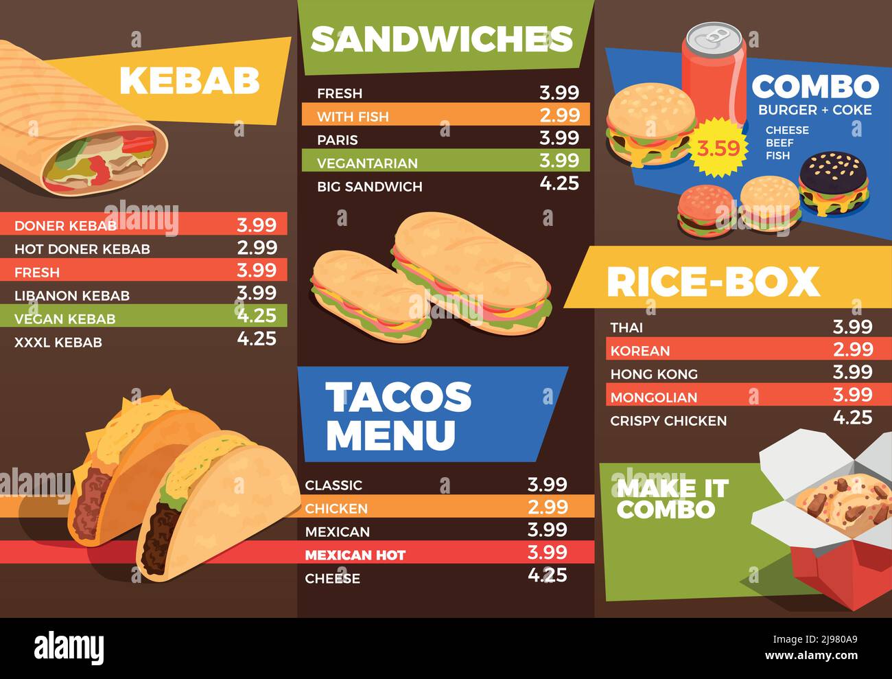 Composition du menu Street Food avec sandwichs et symboles fast food illustration du vecteur isométrique Illustration de Vecteur