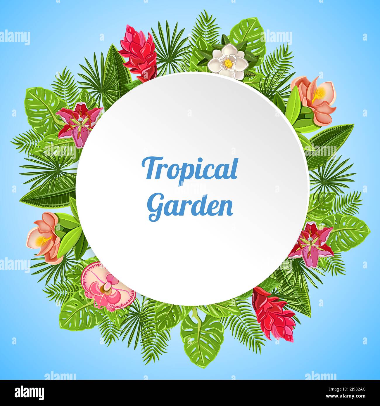 Fond tropical paradis avec la composition de diverses plantes feuilles et fleurs avec plaque blanche et illustration vectorielle de texte Illustration de Vecteur