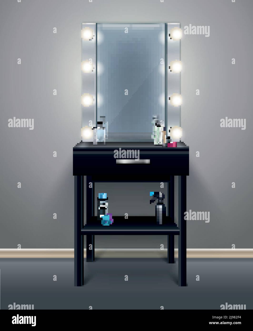 Miroir de maquillage professionnel avec lumières allumées dans la chambre vide illustration réaliste du vecteur de composition Illustration de Vecteur