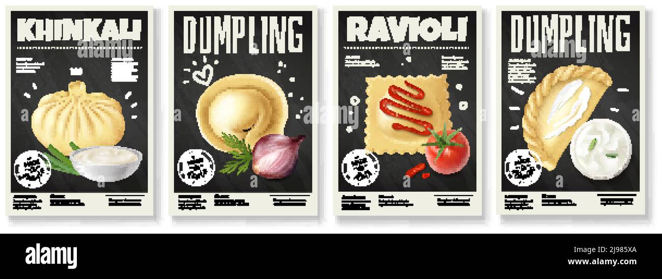 Jeu réaliste de bannières alimentaires gastronomiques à base de viande de quatre fonds verticaux permet de viduter les images avec des autocollants et des illustrations vectorielles de texte Illustration de Vecteur