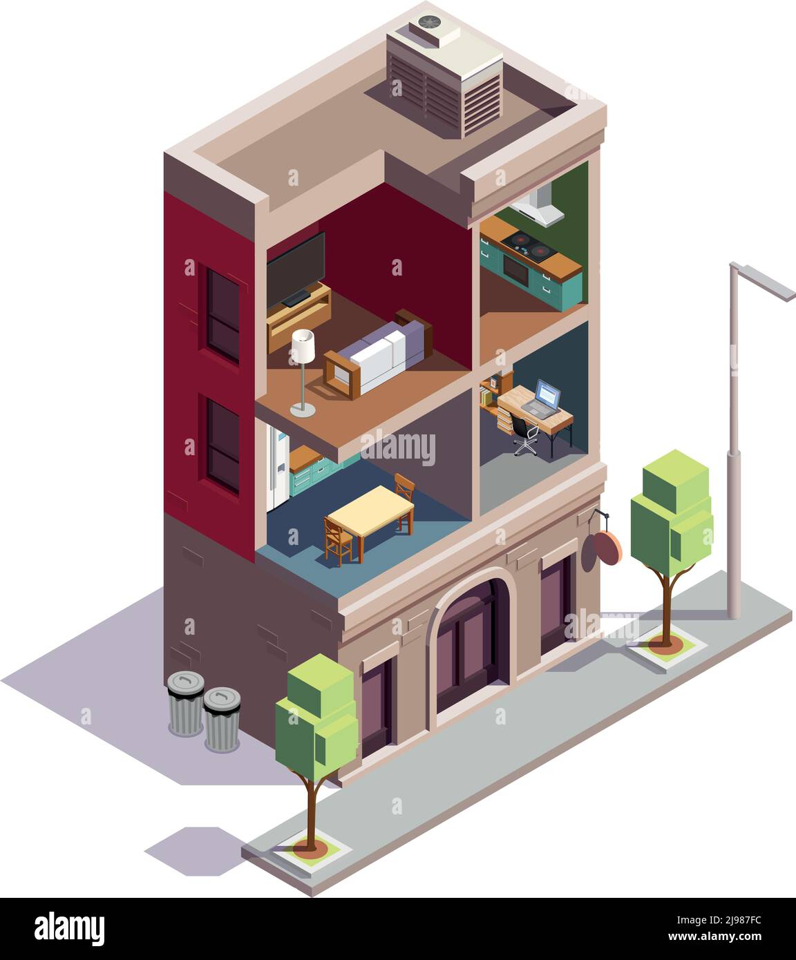 Maisons de ville composition isométrique avec vue de profil de l'habitation urbaine maison avec pièces séparées et mobilier illustration vectorielle Illustration de Vecteur