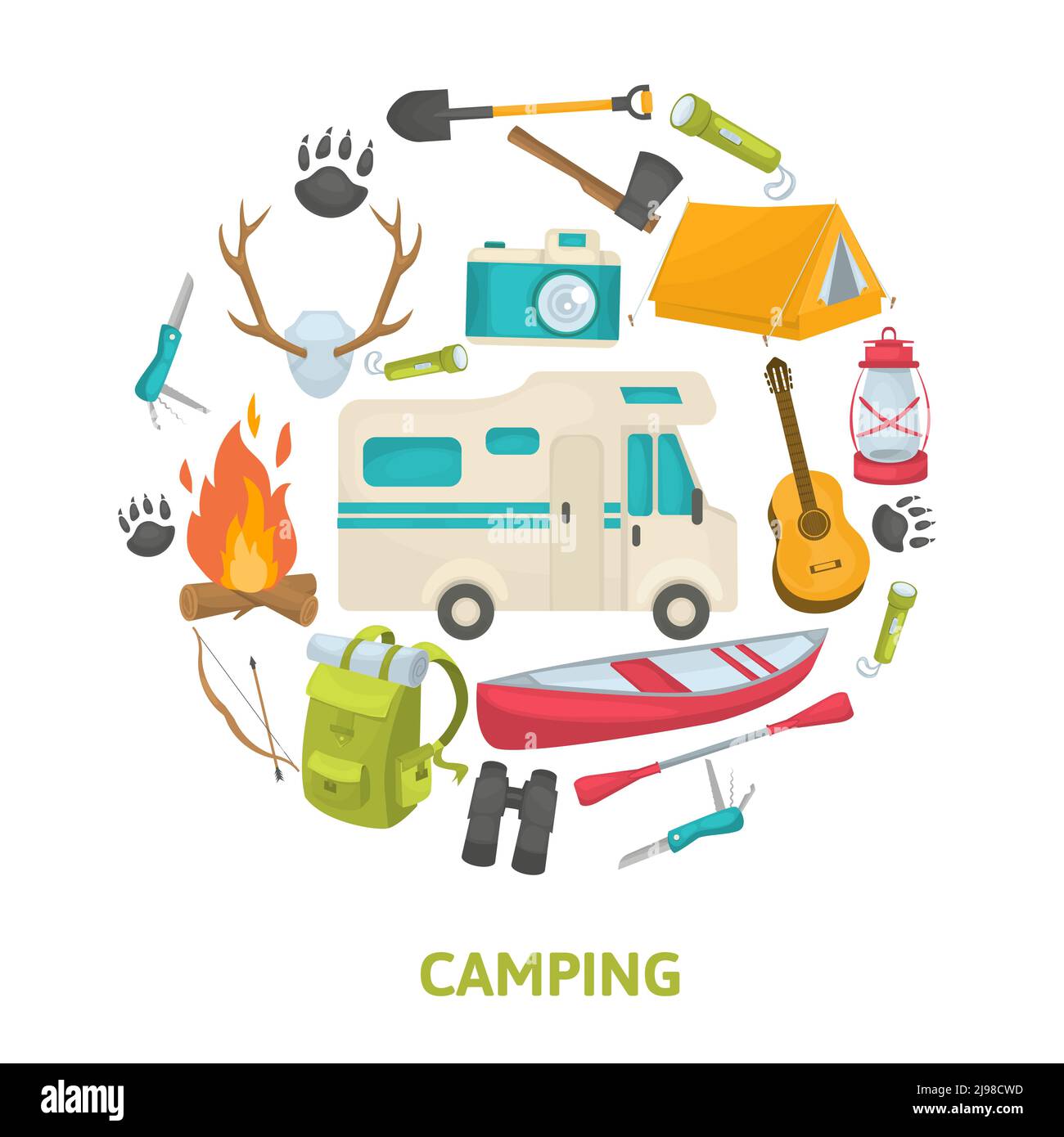Camping touristique icônes décoratives en forme de cercle avec le voyage illustration vectorielle isolée du bateau-remorque de la maison des outils Illustration de Vecteur