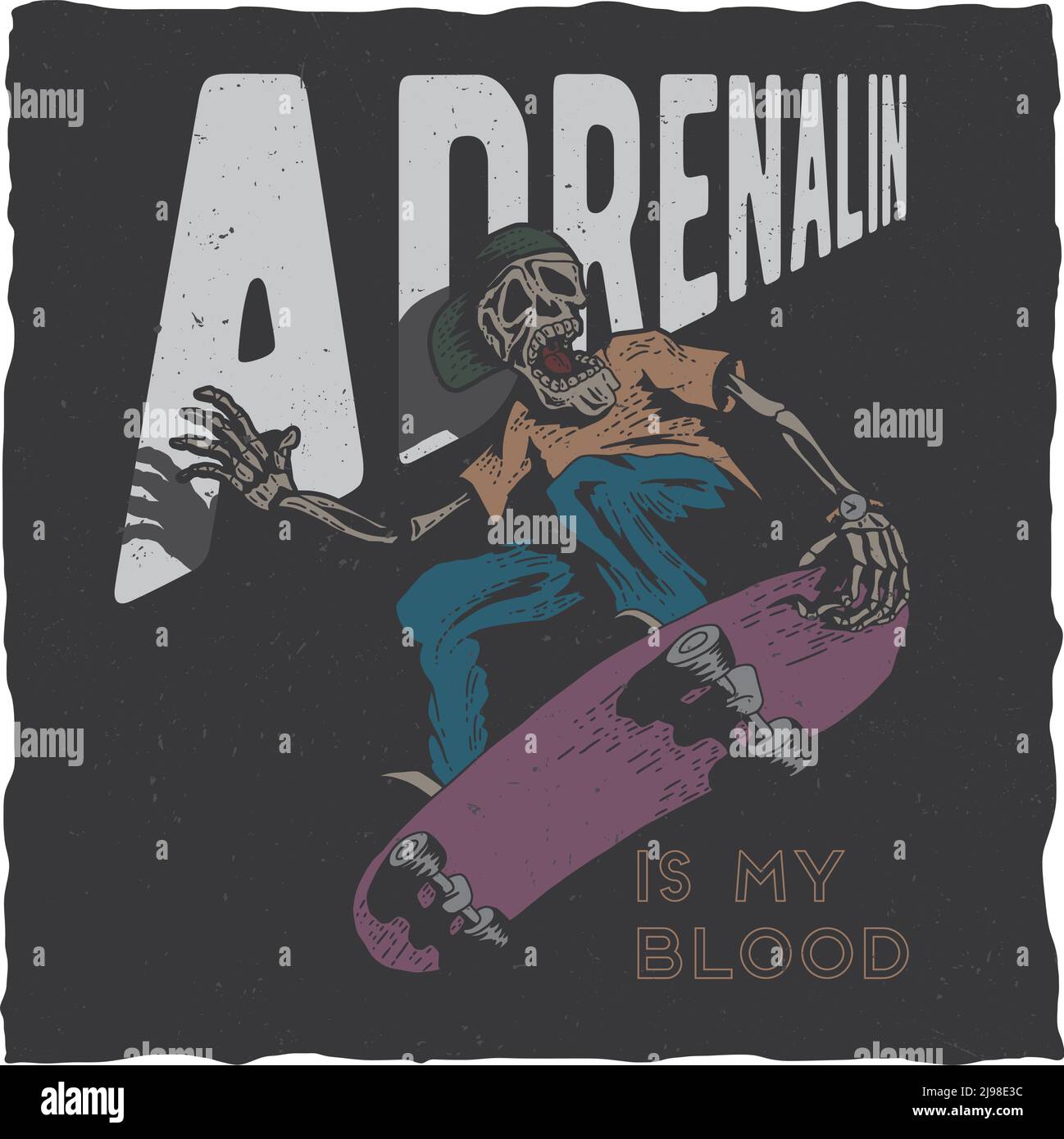 Étiquette pour t-shirt de skateboard avec illustration du skeleton jouant au skateboard. Illustration dessinée à la main. Illustration de Vecteur