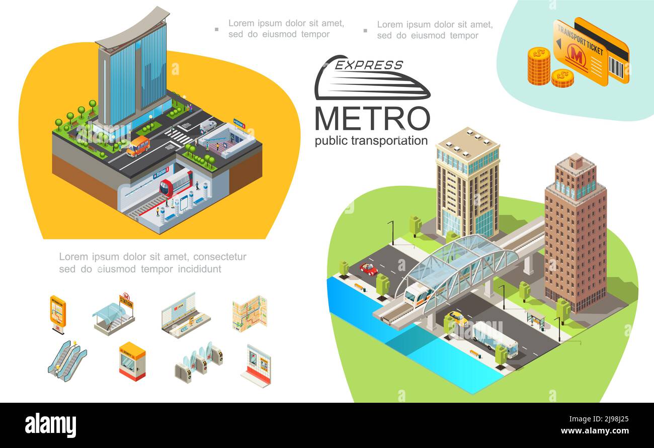 Modèle d'infographie sur les transports publics en métro avec éléments de métro bâtiments modernes trains cartes de billets pièces de monnaie bridge véhicules se déplaçant sur la route vecteur illustration Illustration de Vecteur