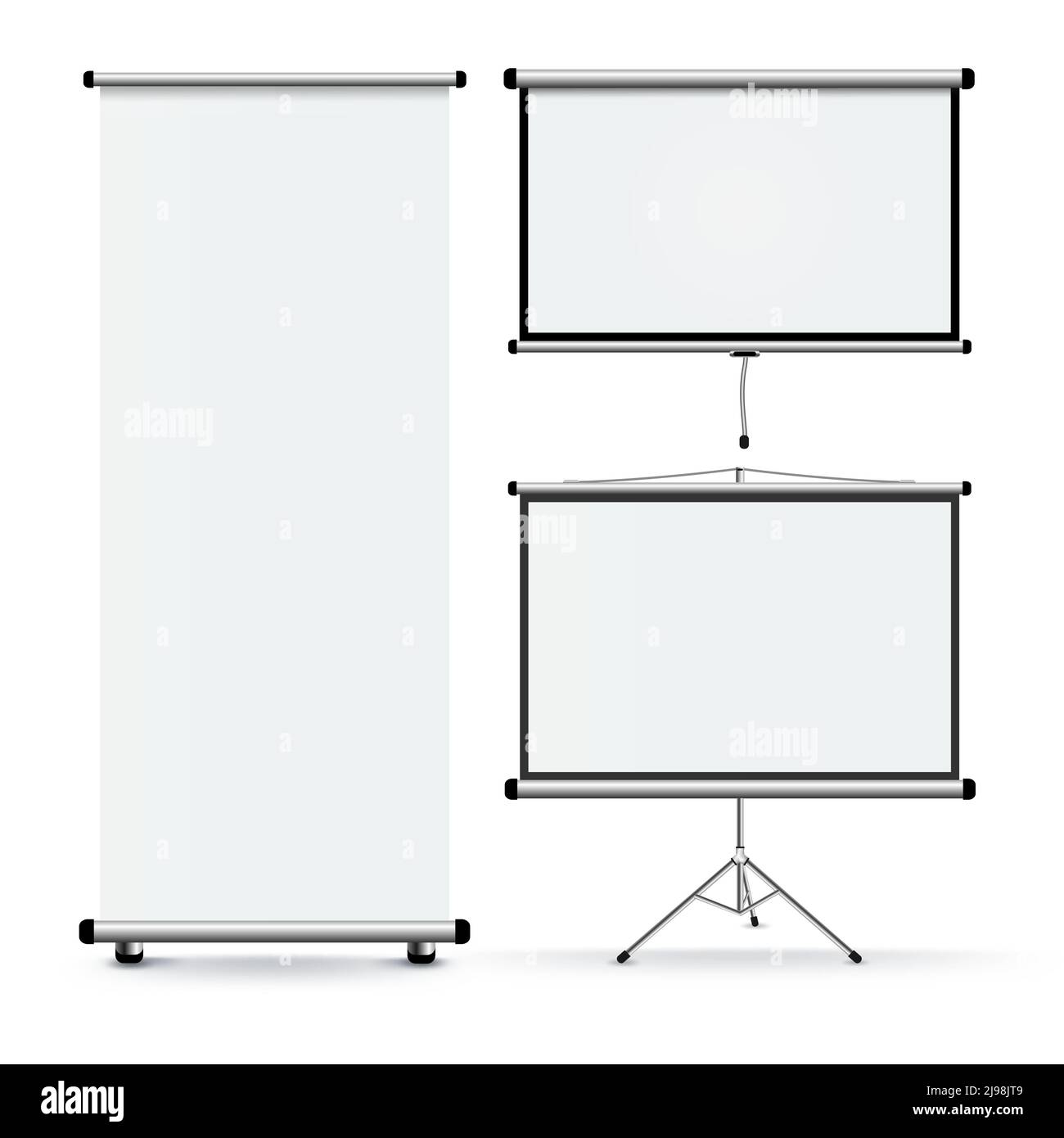 Ensemble de trois images réalistes isolées de stands de roulement éducatifs avec écran de projection vierge sur le mur du socle et non roulé avec vecteur des ombres il Illustration de Vecteur