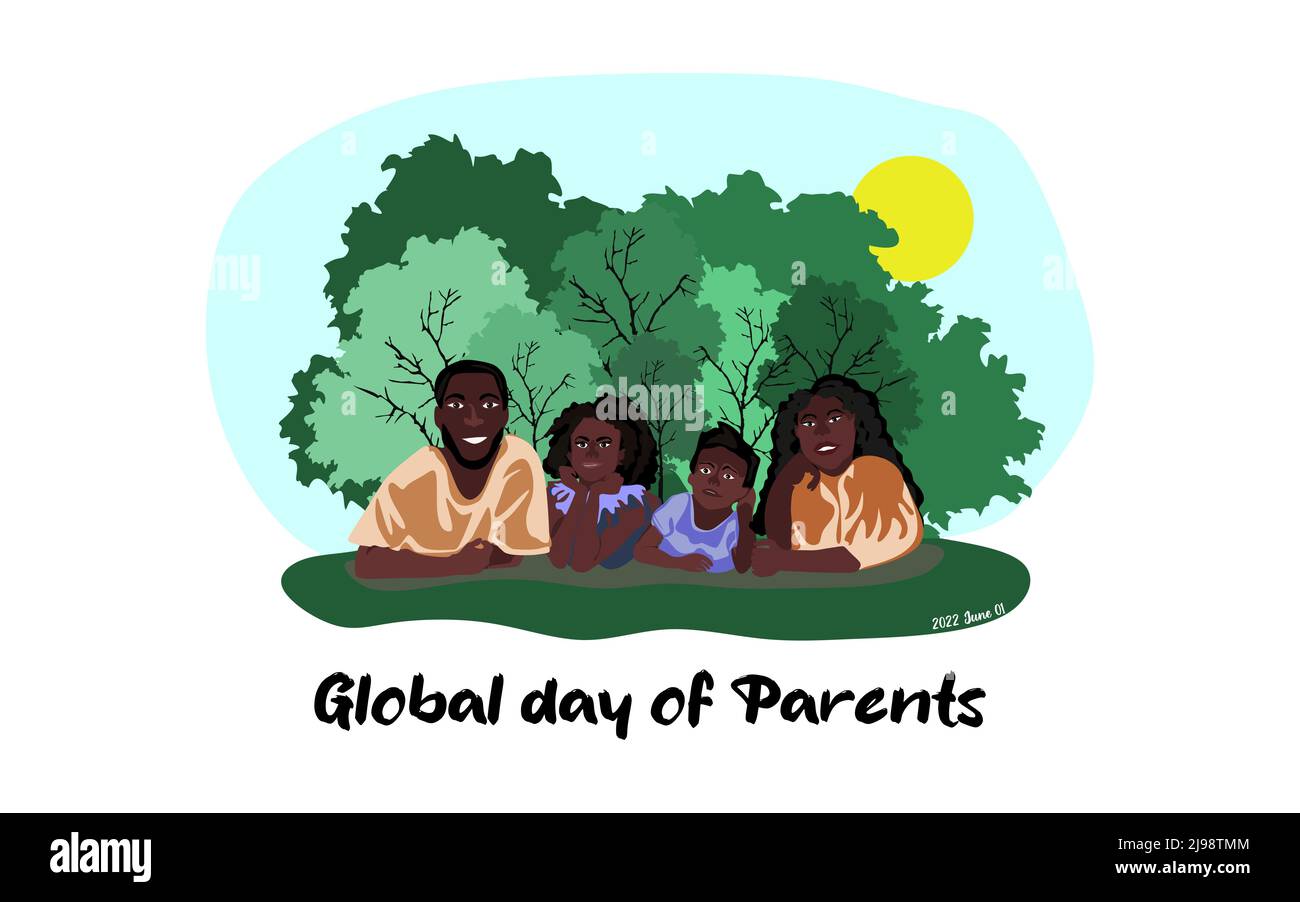 Illustration vectorielle Happy Global Day of parents. Design, bannière ou carte de la journée des parents du monde conceptuel. Une famille afro-américaine heureuse se trouve sur le gazon Illustration de Vecteur