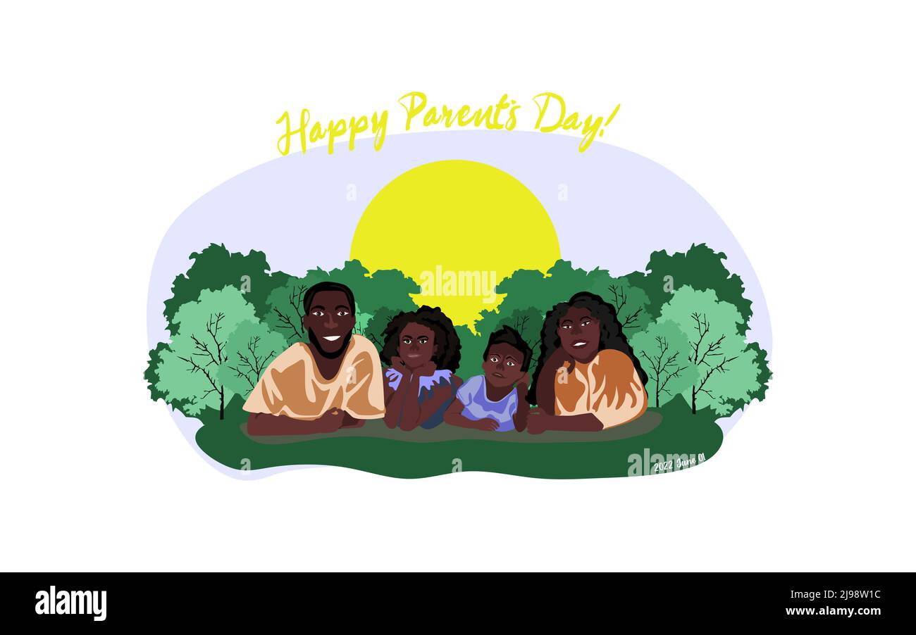 Illustration vectorielle Happy Global Day of parents. Design, bannière ou carte de la journée des parents du monde conceptuel. Une famille afro-américaine heureuse se trouve sur le gazon Illustration de Vecteur