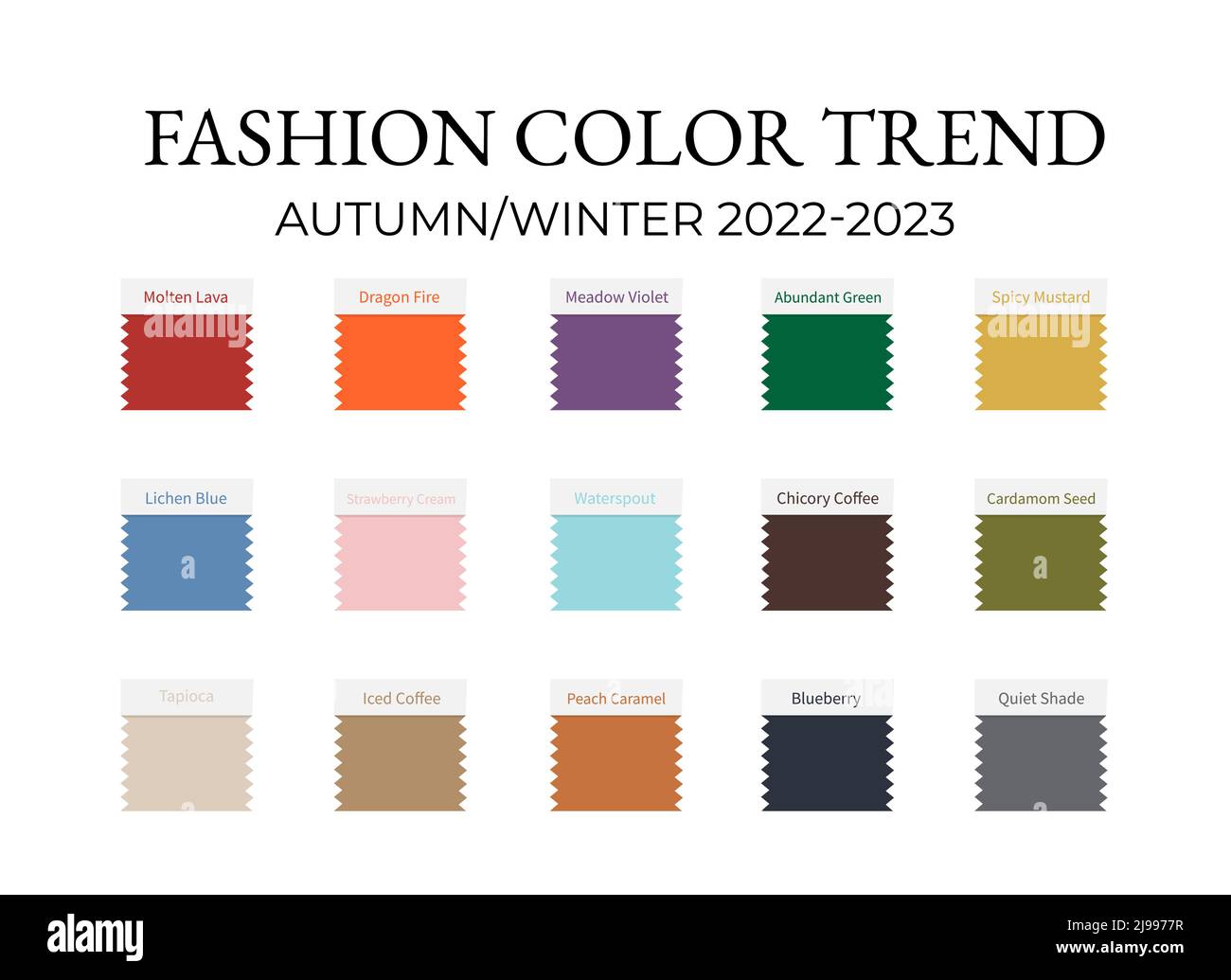 Mode couleur tendance automne - hiver 2022 - 2023. Guide de palette de couleurs tendance. Nuances de tissu avec noms de couleur. Modèle vectoriel pour votre dessin créatif Illustration de Vecteur