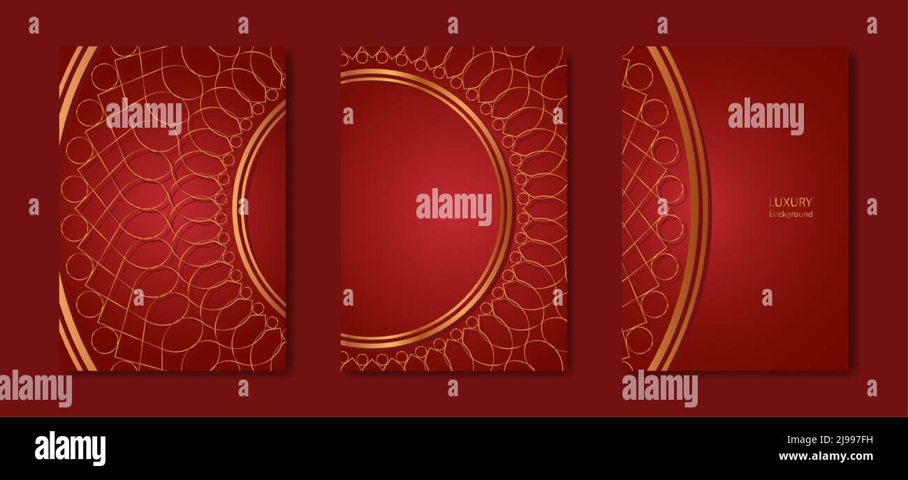 Ensemble de luxe rouge carte Décorateur rond or cadre Mandala pour le design avec ornement floral. Modèle de bordure circulaire pour l'impression de cartes postales, d'invitations, b Illustration de Vecteur
