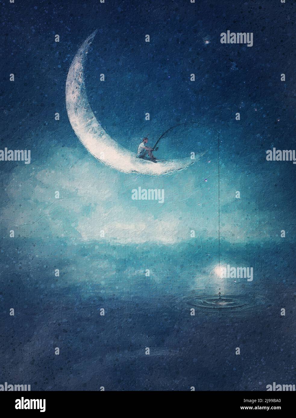 Peinture surréaliste d'un garçon pêchant des étoiles, assis sur un croissant de lune avec une tige dans ses mains. Concept d'aventure magique. Magnifique ciel étoilé Banque D'Images