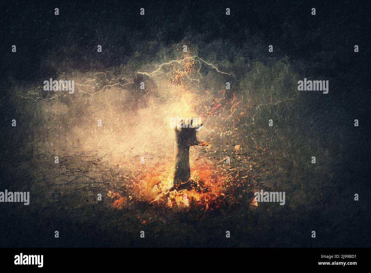 Fantastique tableau d'horreur d'une main sur le feu qui s'élève du sol. Scène surréaliste avec le bras de démon flamboyant sort de l'enfer. Halloween – arrière-groupe effrayant Banque D'Images
