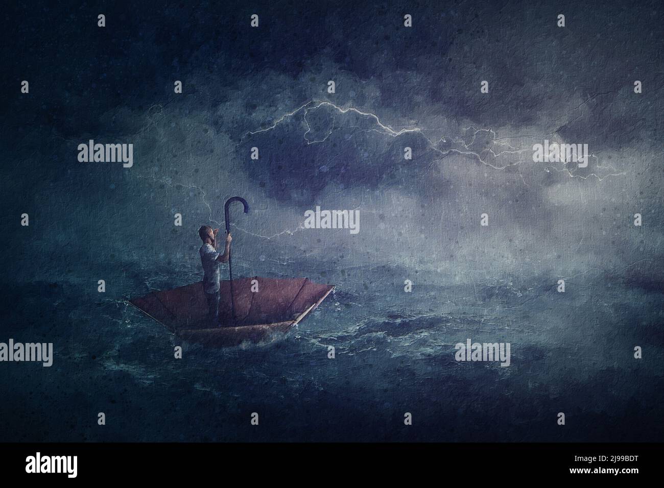 Peinture à la voile avec une personne seule dans l'océan flottant sur un bateau-parapluie. Scène surréaliste avec une tempête sur la mer. Aventure fantastique, conquérant Banque D'Images