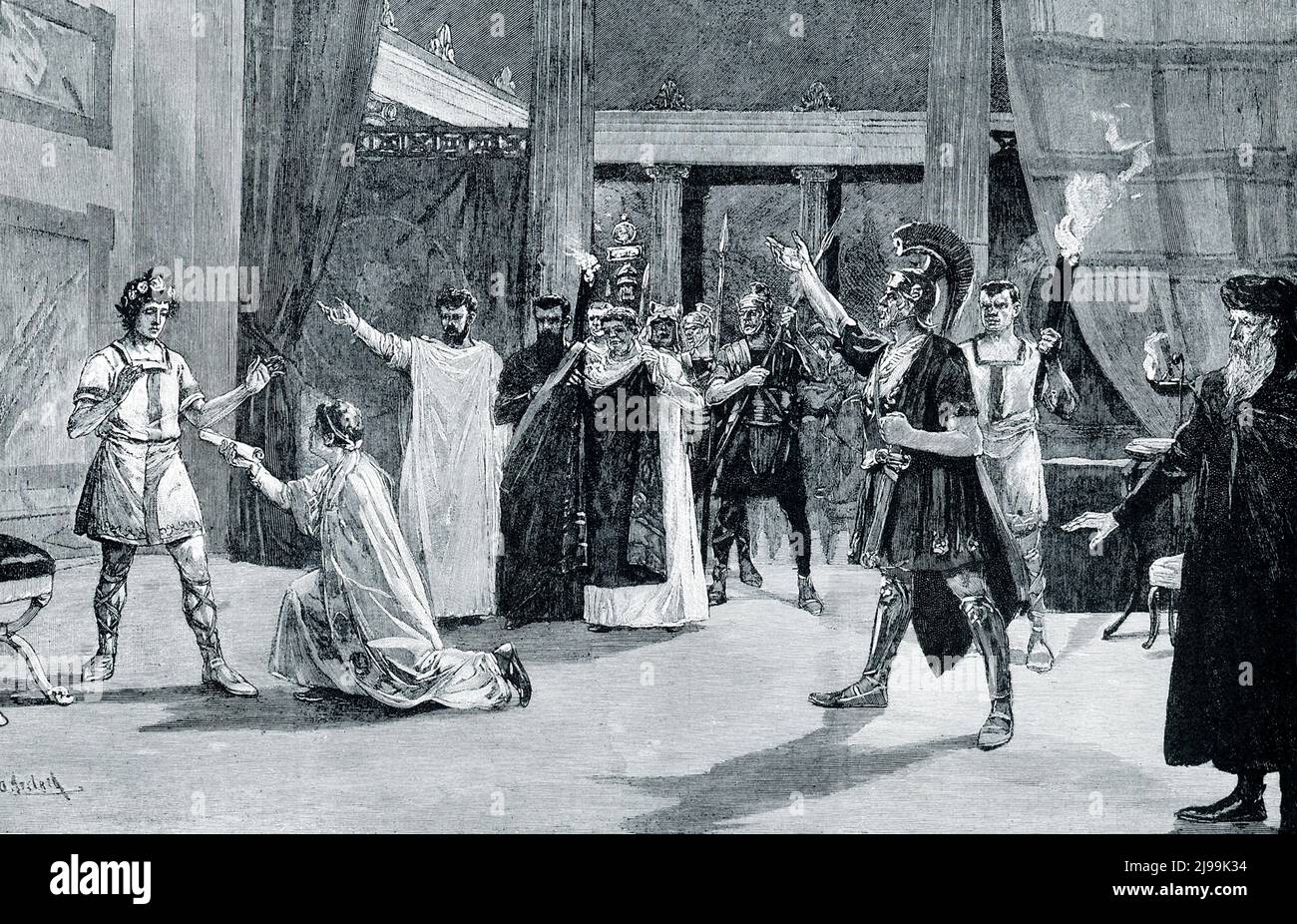 La légende de 1906 se lit comme suit : « JULIAN A DÉCLARÉ EMPEREUR PAR SES SOLDATS À PARIS. – Cela nous ramène à l'époque où la France ou la Gaule était encore romaine. Le jeune général Julian avait si bien défendu Gaule contre les Francs barbares que lorsque l'empereur romain jaloux l'aurait dégradé, ses soldats l'ont déclaré empereur à la place de son rival. Il a défilé pour se battre pour son titre en Italie, laissant Gaule à ses raveurs."I n 360 après J.-C., Julian a été proclamé empereur par ses soldats à Lutetia (Paris d'aujourd'hui), provoquant une guerre civile avec son père, l'empereur Constantius II Cependant, Constan Banque D'Images