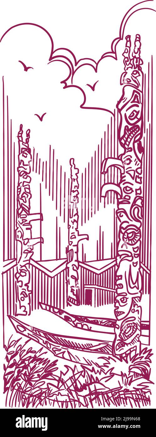 village indigène lodge totem poteaux et canoës en bois Illustration de Vecteur