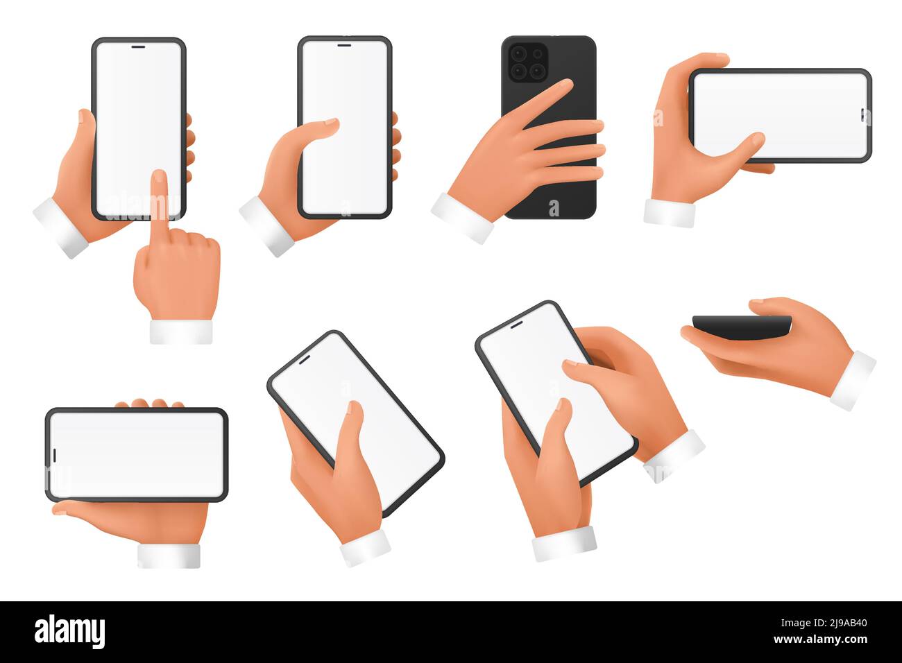 3d mains d'homme d'affaires tiennent le téléphone mobile avec vide écran vide jeu illustration vectorielle. Les bras utilisent des smartphones avec différentes positions, faire défiler, faire glisser et toucher l'appareil avec le doigt isolé sur le blanc Illustration de Vecteur