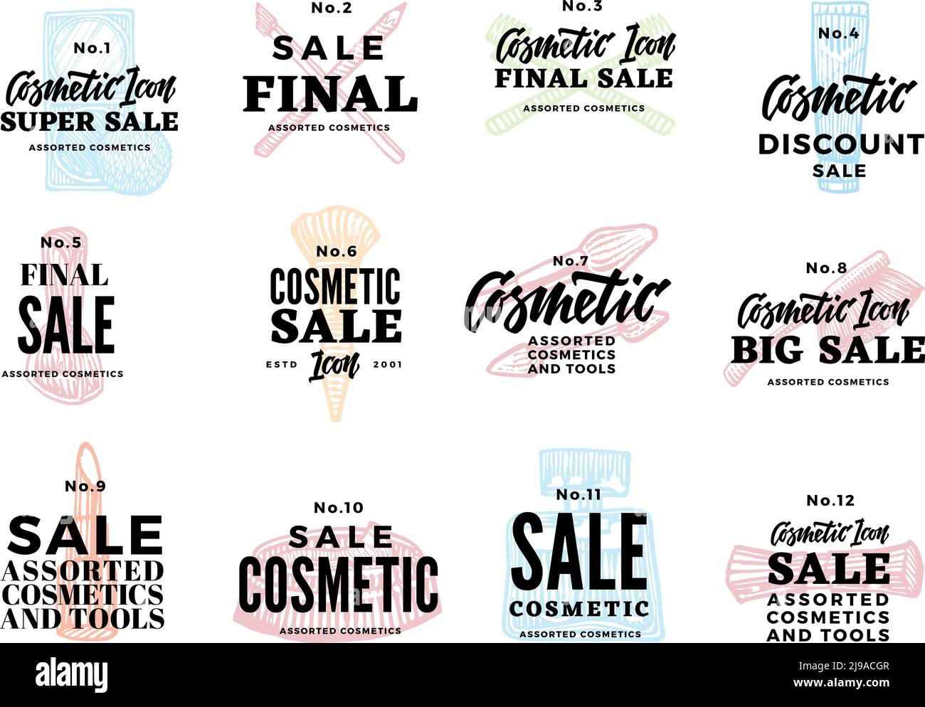 Croquis de logotypes cosmétiques ensemble avec des produits de maquillage de beauté et de la publicité solde inscriptions illustrations vectorielles isolées Illustration de Vecteur