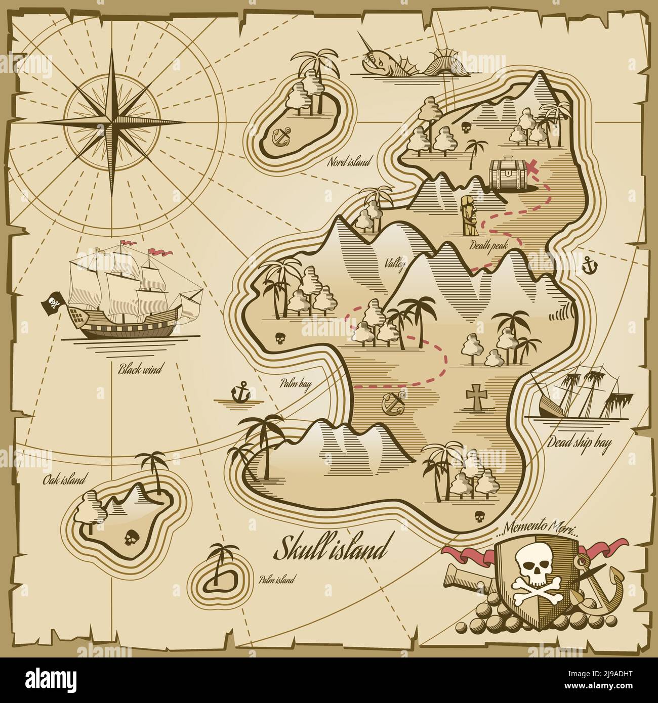 Carte vectorielle Treasure Island de style dessiné à la main. Aventure en mer, navigation sur l'océan, plan et chemin parchemin, monstre et illustration de poitrine Illustration de Vecteur