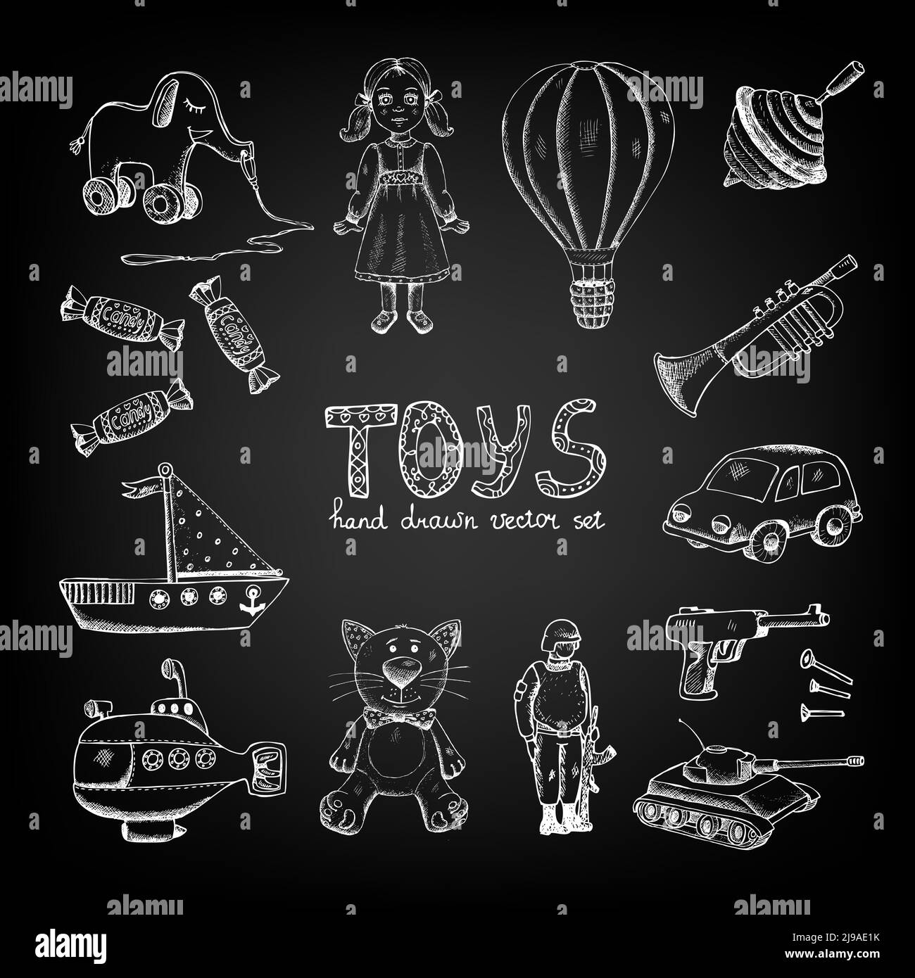 dessiné avec de la craie sur des jouets de tableau noir, des poupées et des bonbons Illustration de Vecteur