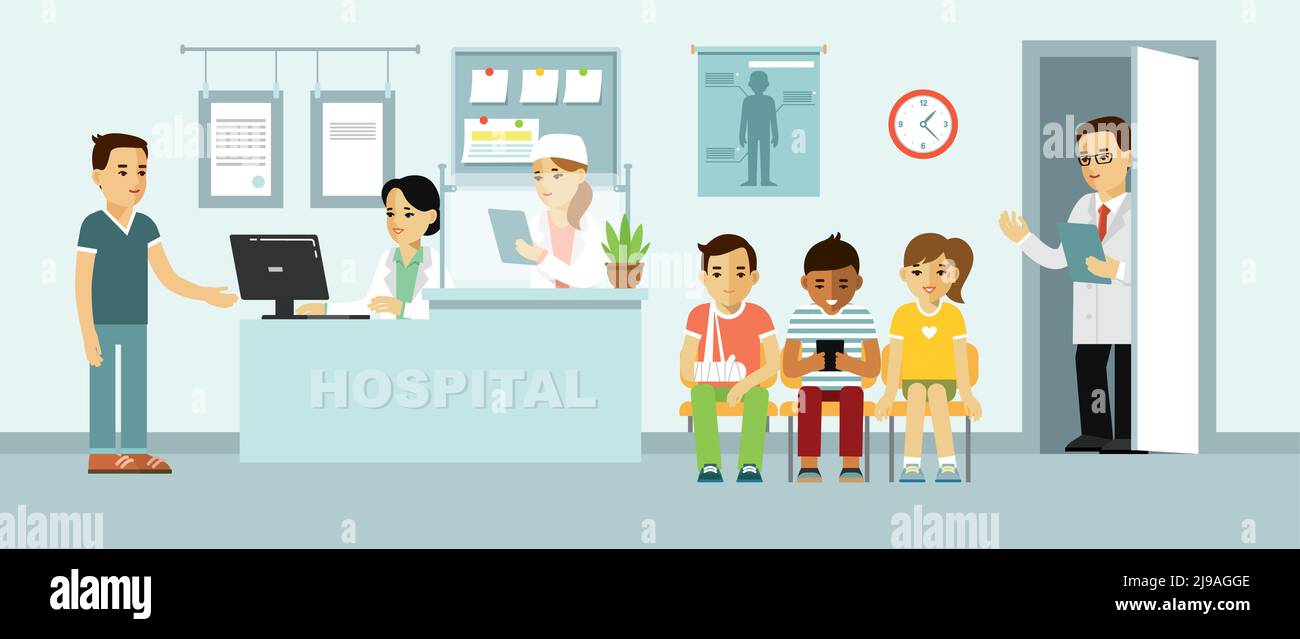 Jeune médecin homme et personnel médical femmes à l'hôpital d'accueil. Consultation et diagnostic médical pour les personnes malades. Illustration vectorielle Illustration de Vecteur