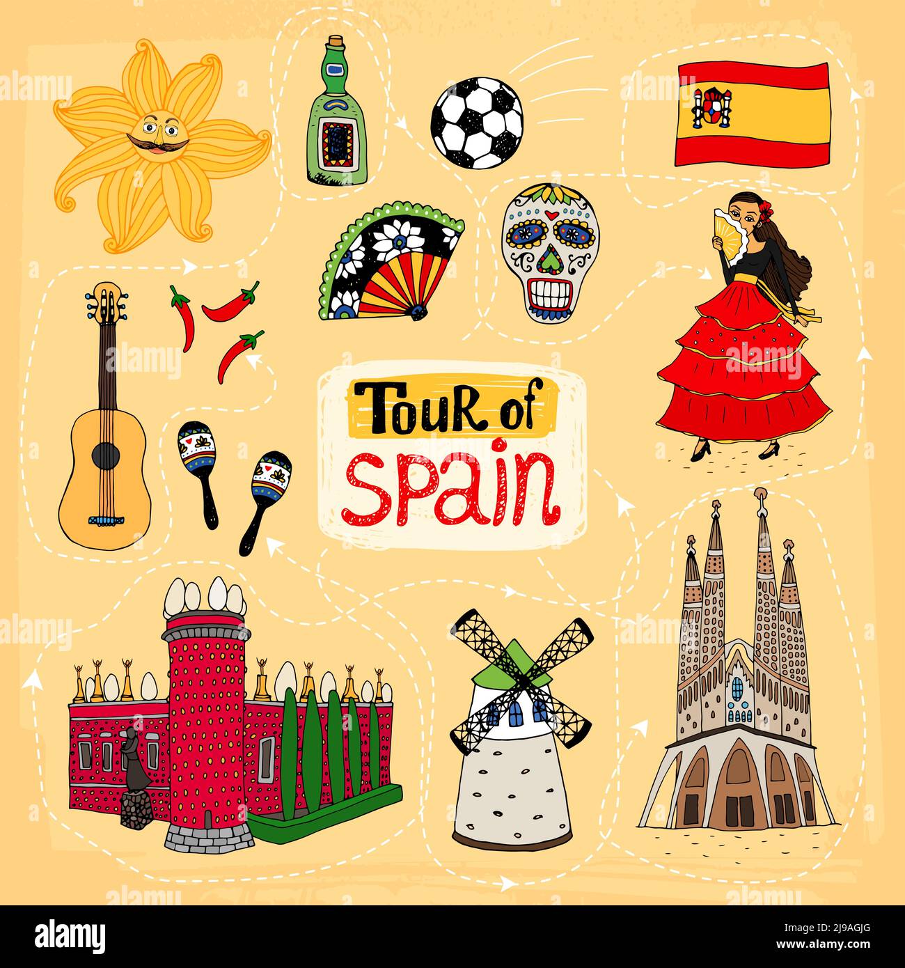 Visite De L Espagne Illustration Dessin e La Main Avec Des Monuments Visite De L Espagne Illustration Dessin e La Main Avec Des Monuments