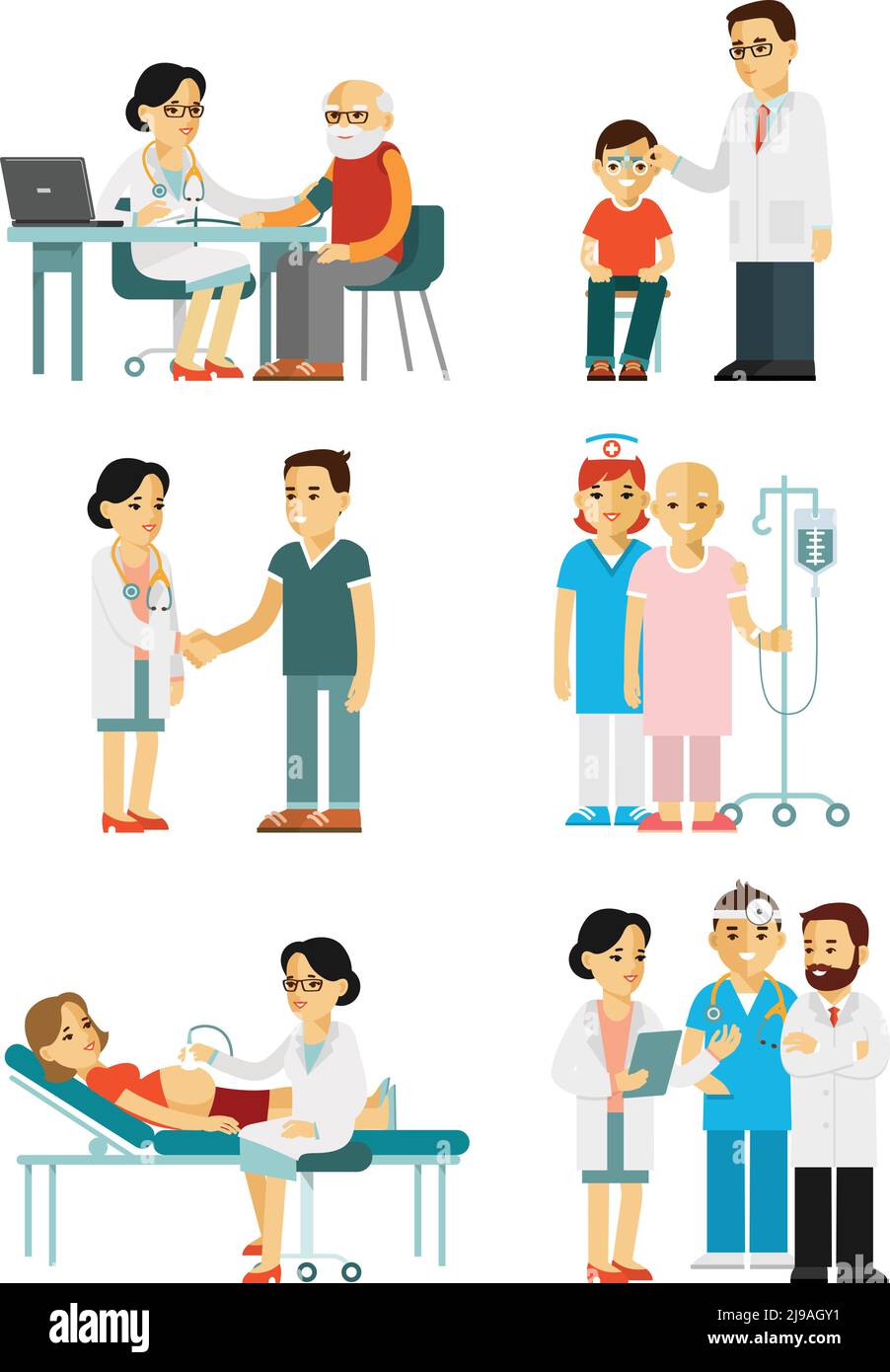 Personnel médical et malades à l'hôpital. Consultation, diagnostic médical et traitement. Illustration vectorielle de style plat isolée sur fond blanc Illustration de Vecteur