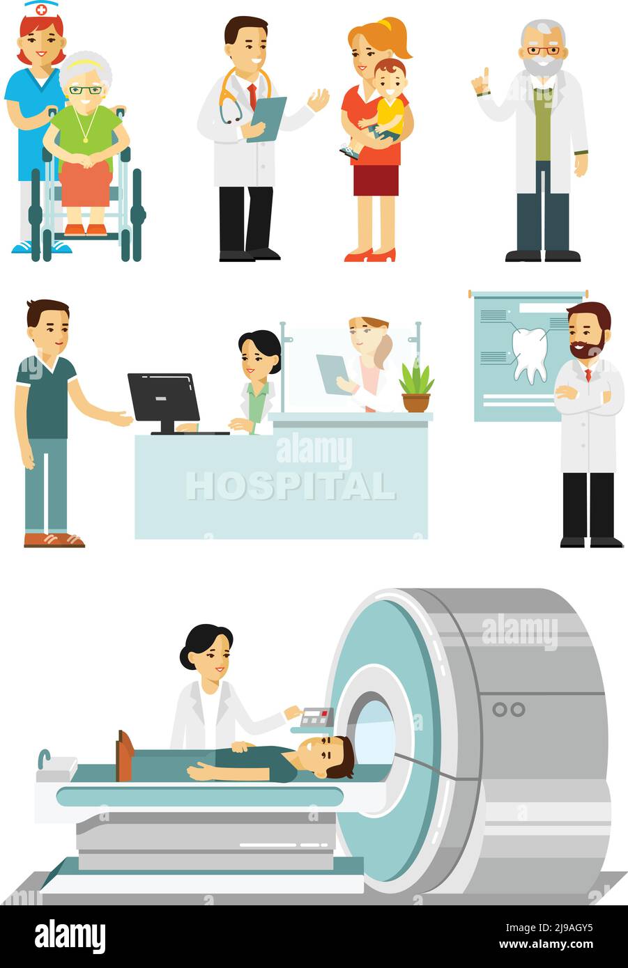 Personnel médical et malades à l'hôpital. Consultation, diagnostic médical et traitement. Illustration vectorielle de style plat isolée sur fond blanc Illustration de Vecteur