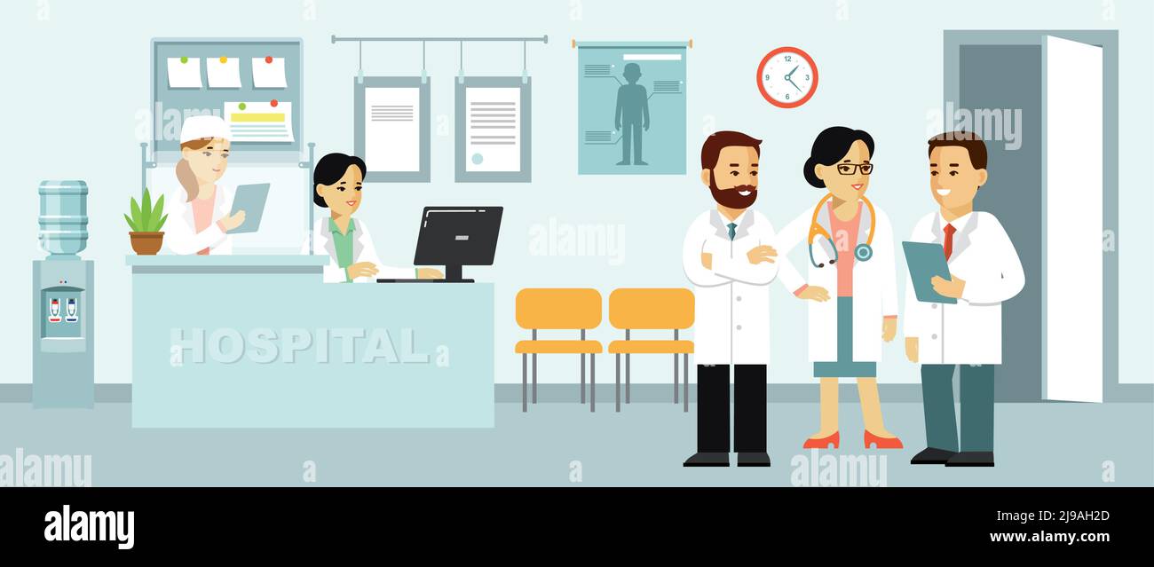 Jeune médecin homme et femme, personnel médical à l'hôpital d'accueil. Consultation et diagnostic médical pour les personnes. Illustration vectorielle Illustration de Vecteur