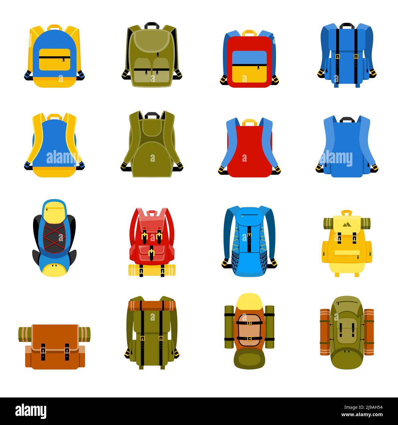 Sac à dos de voyage, sac à dos de camping et icônes de sac d'école. Voyage randonnée, tourisme et illustration de vecteur de bagages Illustration de Vecteur