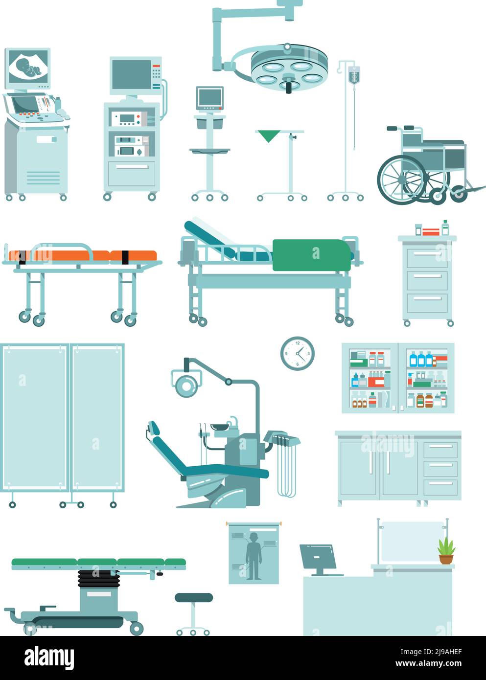 Mobilier, équipement et outils modernes pour le diagnostic, le traitement et la chirurgie. Illustration vectorielle isolée sur fond blanc. Illustration de Vecteur