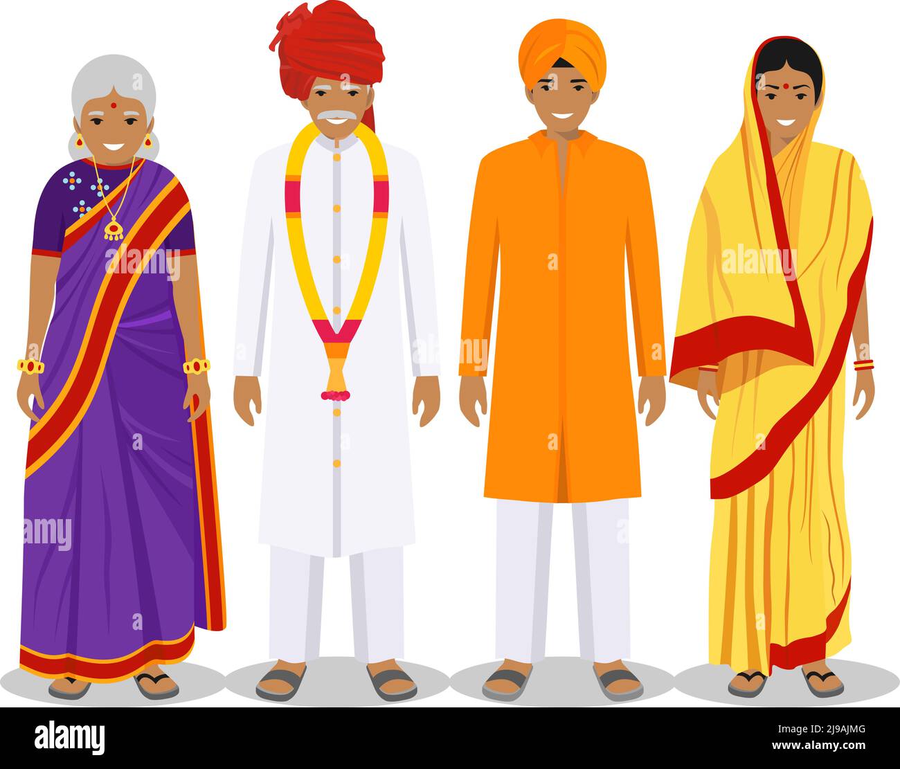 Générations homme. Les Indiens ont un père, une mère, une grand-mère, un grand-père debout ensemble dans des vêtements traditionnels. Concept social. Concept de famille. Illustration de Vecteur