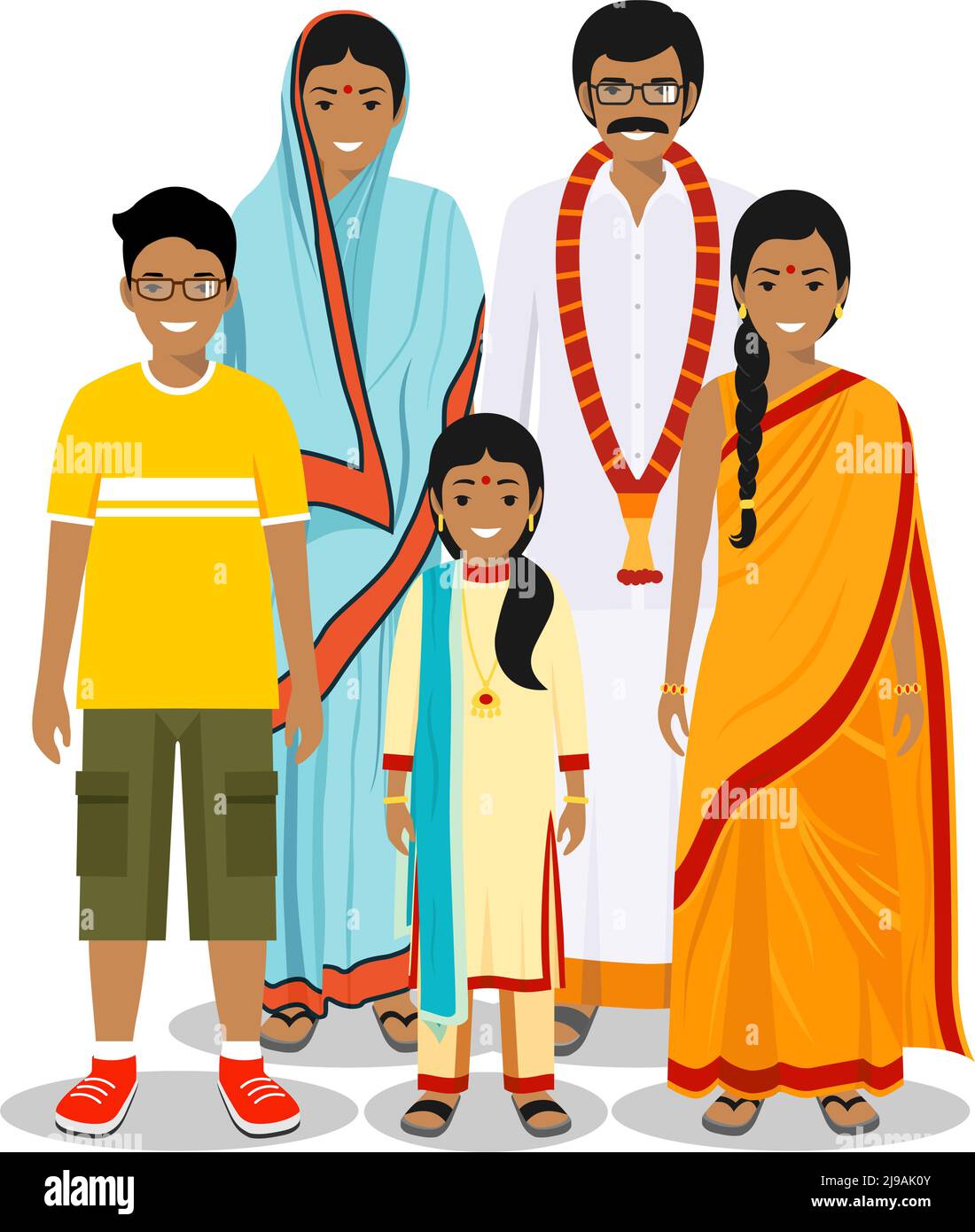 Générations homme. Les Indiens ont un père, une mère, un garçon, une fille debout ensemble dans des vêtements traditionnels. Concept social. Concept de famille. Illustration de Vecteur