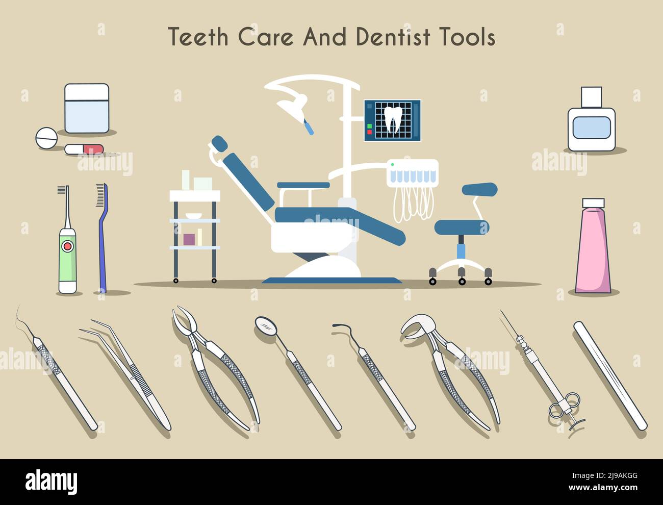 Soins des dents et outils dentaires. Médecine saine, dent médicale, miroir dentaire et dentifrice, brosse à dents. Illustration vectorielle Illustration de Vecteur