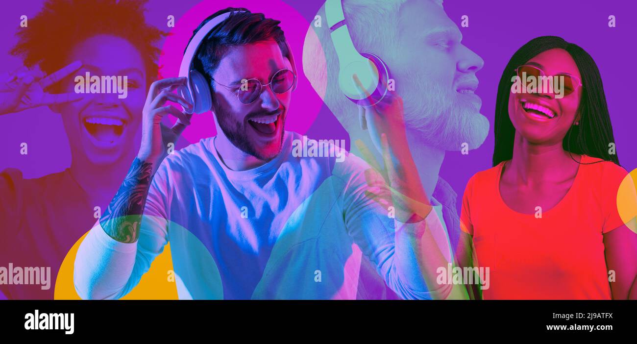 Collage au néon pour les jeunes gais qui s'amusent Banque D'Images