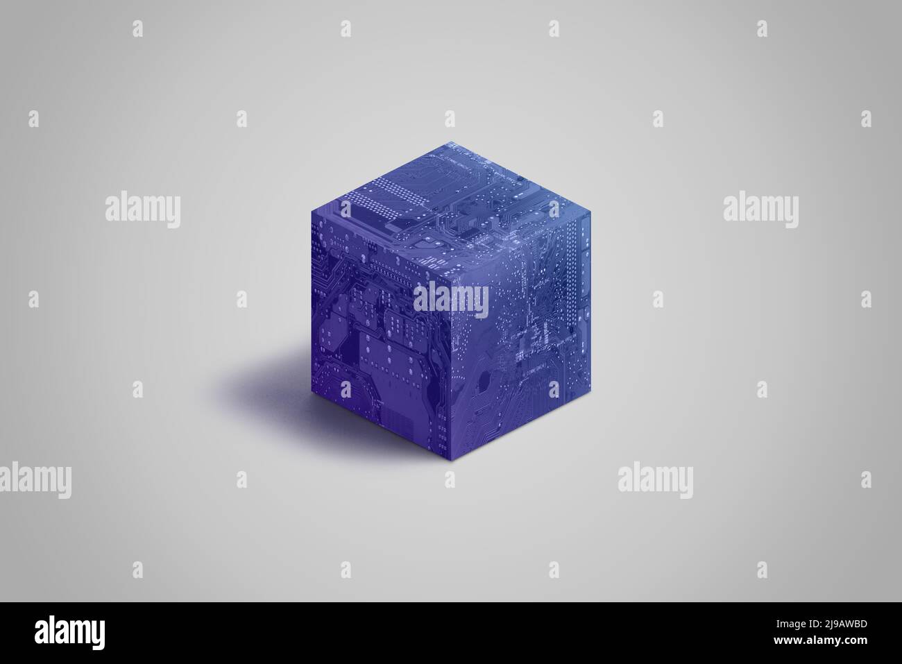 Cube blockchain avec concept de texture de carte de circuit électronique. Bloc bleu contenant le hachage et les données Banque D'Images