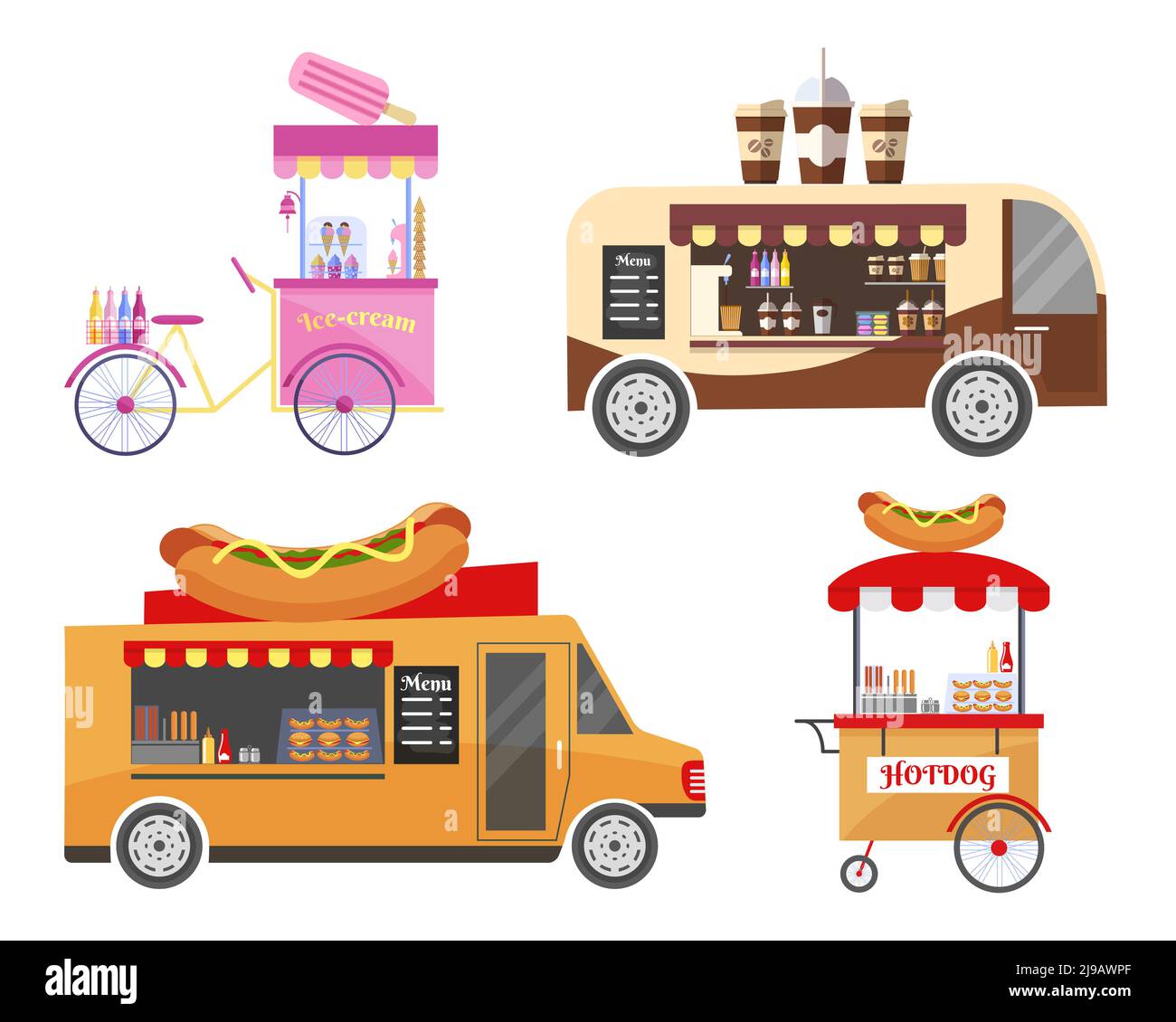 Équipement de transport de nourriture de rue et de restauration rapide. Crème glacée et café, hot dog et saucisse, kiosque portable, marché de présentation, illustration vectorielle Illustration de Vecteur