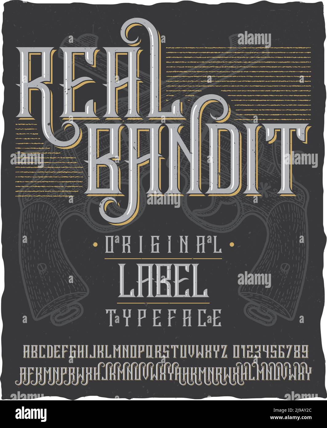 Affiche Real bandit typeface avec deux revolvers dessinés à la main sur une illustration vectorielle d'arrière-plan poussiéreuse Illustration de Vecteur
