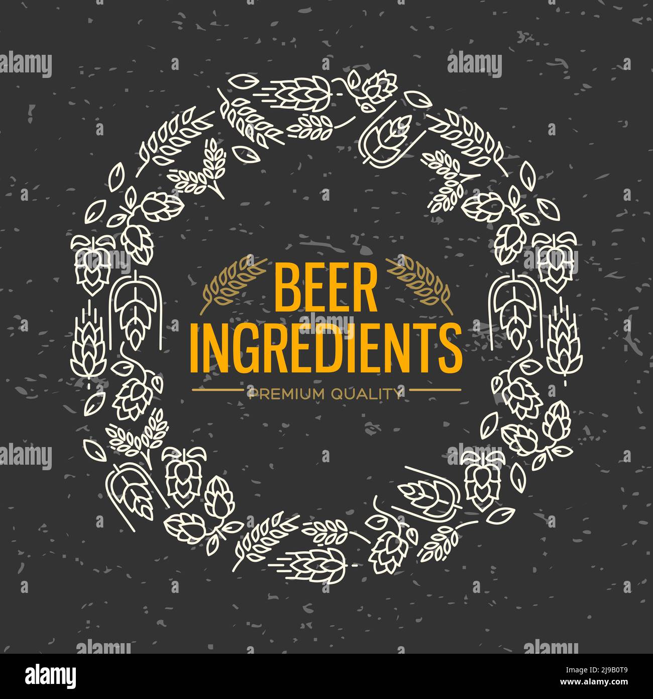 Cadre figuré au design élégant avec des icônes blanches de fleurs, une branche de houblon, de fleur, de malt autour du texte des ingrédients de la bière au centre sur le dos noir Illustration de Vecteur