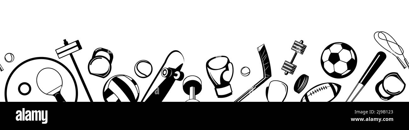 Équipement sportif pour athlètes. Isolé sur fond blanc. Symbole, icône. Bordure horizontale inférieure sans couture. Jeu d'outils. Eclairage pochoir monochrome Illustration de Vecteur