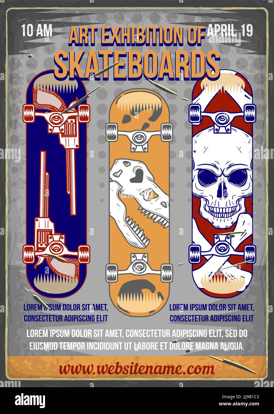 Affiche avec illustration de planches à roulettes avec différents imprimés. Illustration de Vecteur