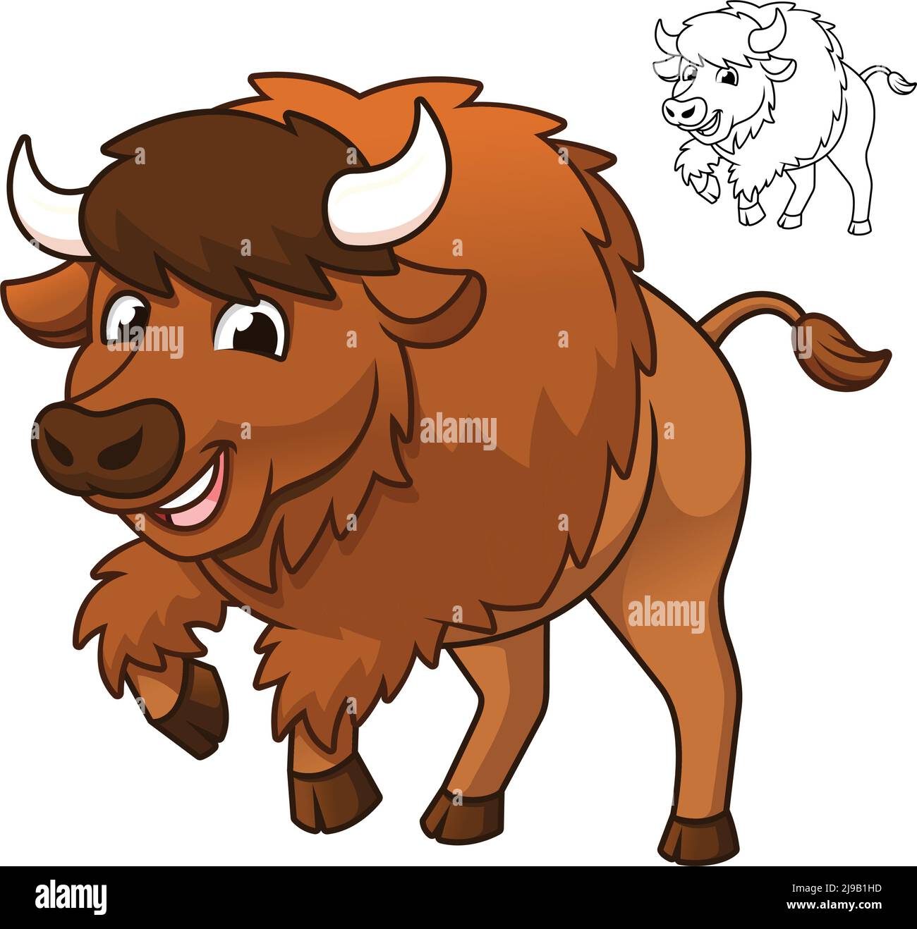 Mignonne Happy Bison Jumping avec dessin d'art noir et blanc, mammifères, illustration de personnage vectoriel, logo de mascotte de dessin animé en blanc isolé Illustration de Vecteur